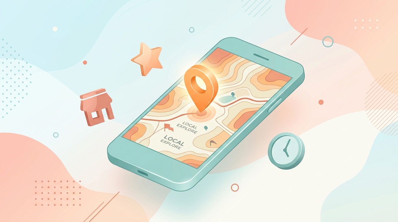 スマホ画面に抽象的な地図と位置ピンが表示されているフラットイラスト