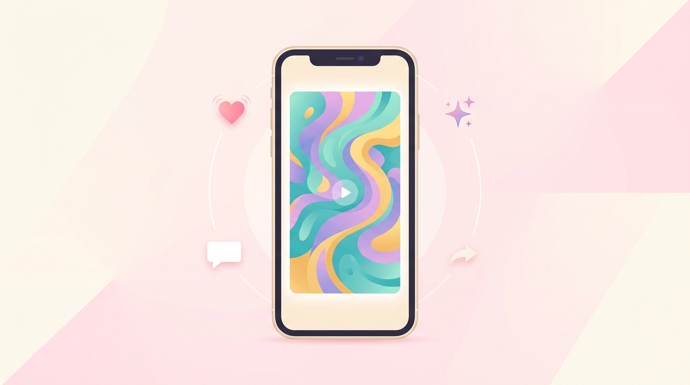 スマホ画面に抽象的なリール動画が映るフラットイラスト