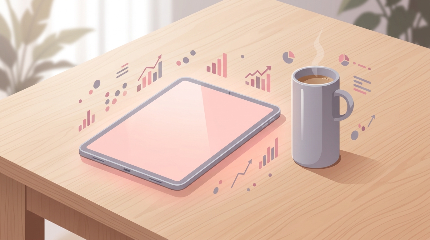 タブレットとコーヒーカップが並ぶ抽象的なKPIダッシュボードのフラットイラスト